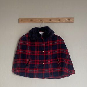 Janie and Jack Red and Blue Plaid Cape with Faux Fur Collar